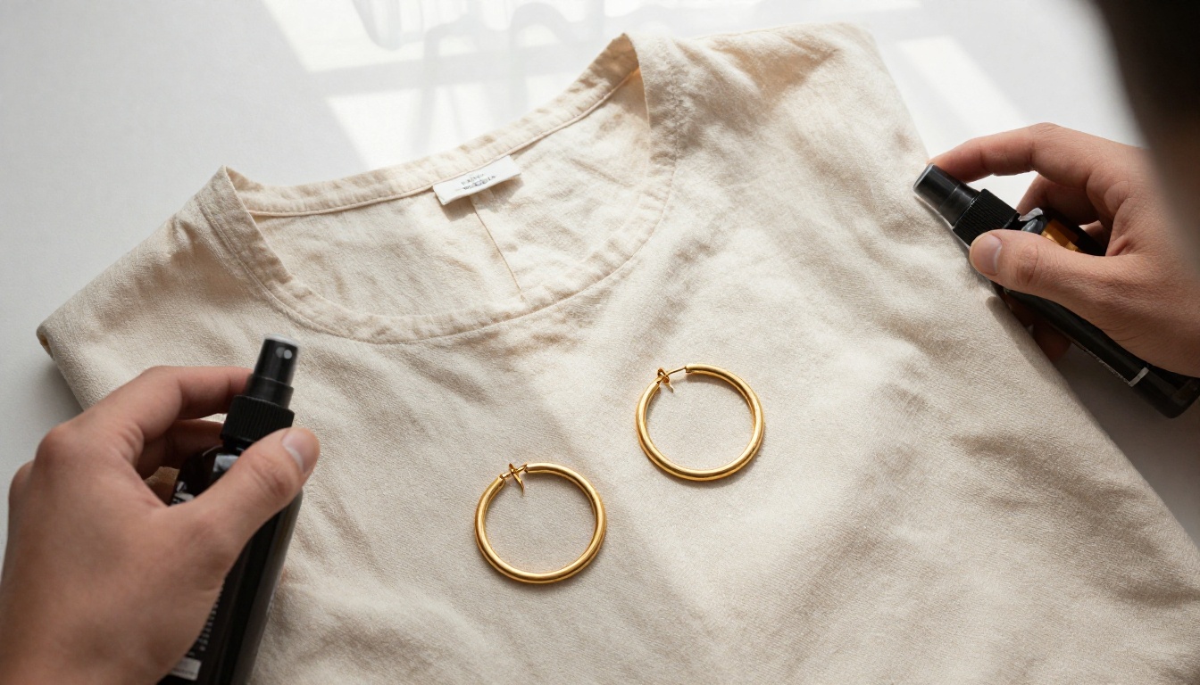 Fashion product flat lay with gold earrings and linen blouse being styled from overhead perspective Fashion product flat lay with gold earrings and linen blouse being styled from overhead perspective