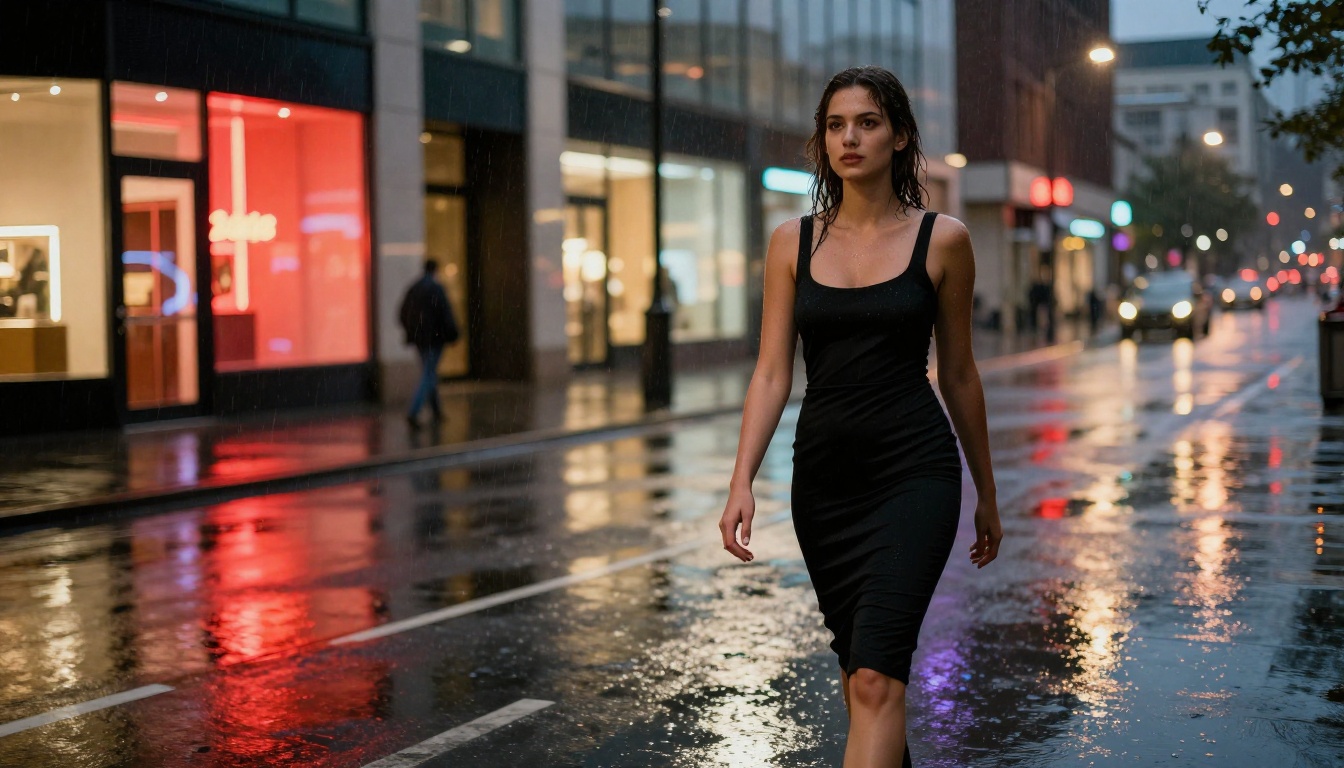 Woman in black cocktail dress walking through rain-slicked city street at night, neon reflections on wet pavement, individual rain droplets sharp Woman in black cocktail dress walking through rain-slicked city street at night, neon reflections on wet pavement, individual rain droplets sharp