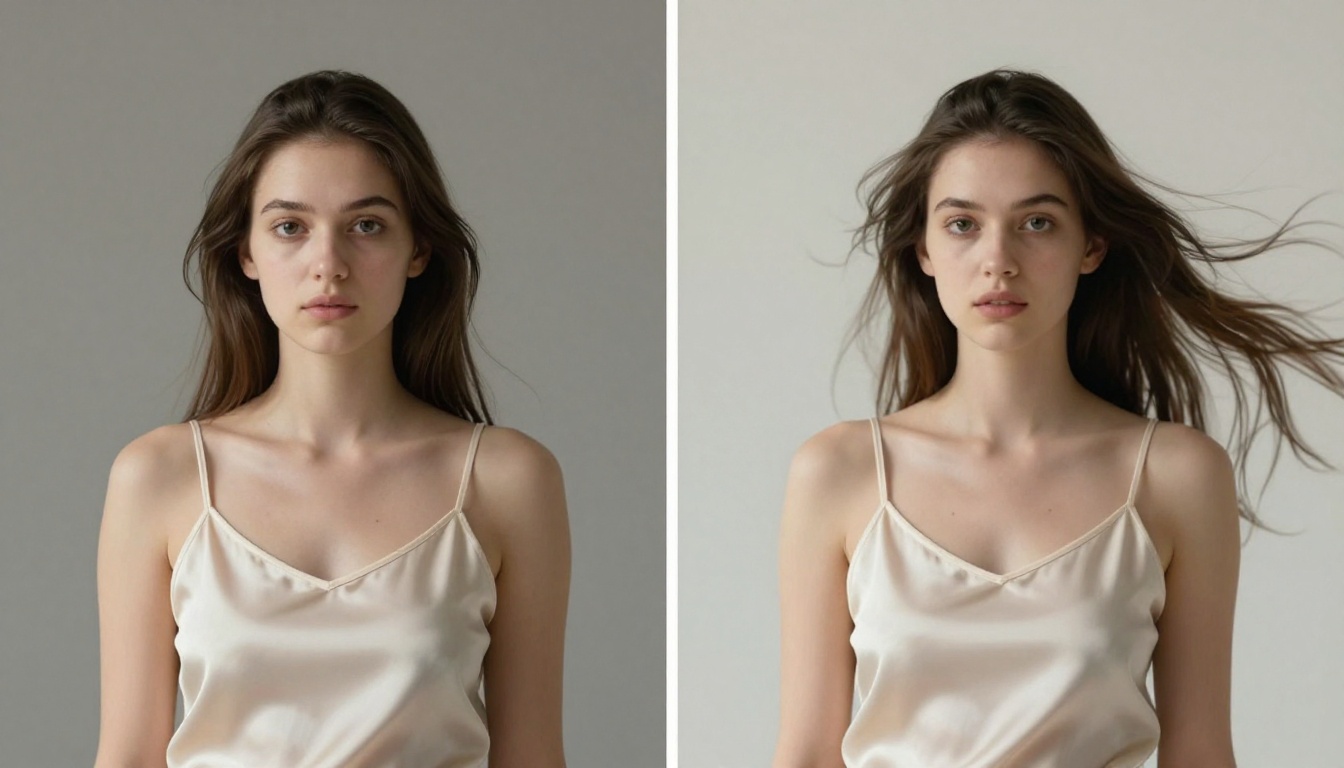 Split-panel comparison photograph showing static portrait of woman in silk camisole on left versus animated version with motion blur on right Split-panel comparison photograph showing static portrait of woman in silk camisole on left versus animated version with motion blur on right