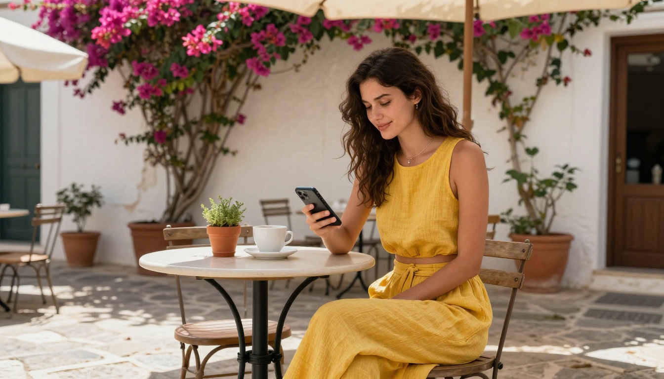 Young woman in mustard linen crop top at small round cafe table in sun-drenched Mediterranean courtyard, bougainvillea in background Young woman in mustard linen crop top at small round cafe table in sun-drenched Mediterranean courtyard, bougainvillea in background