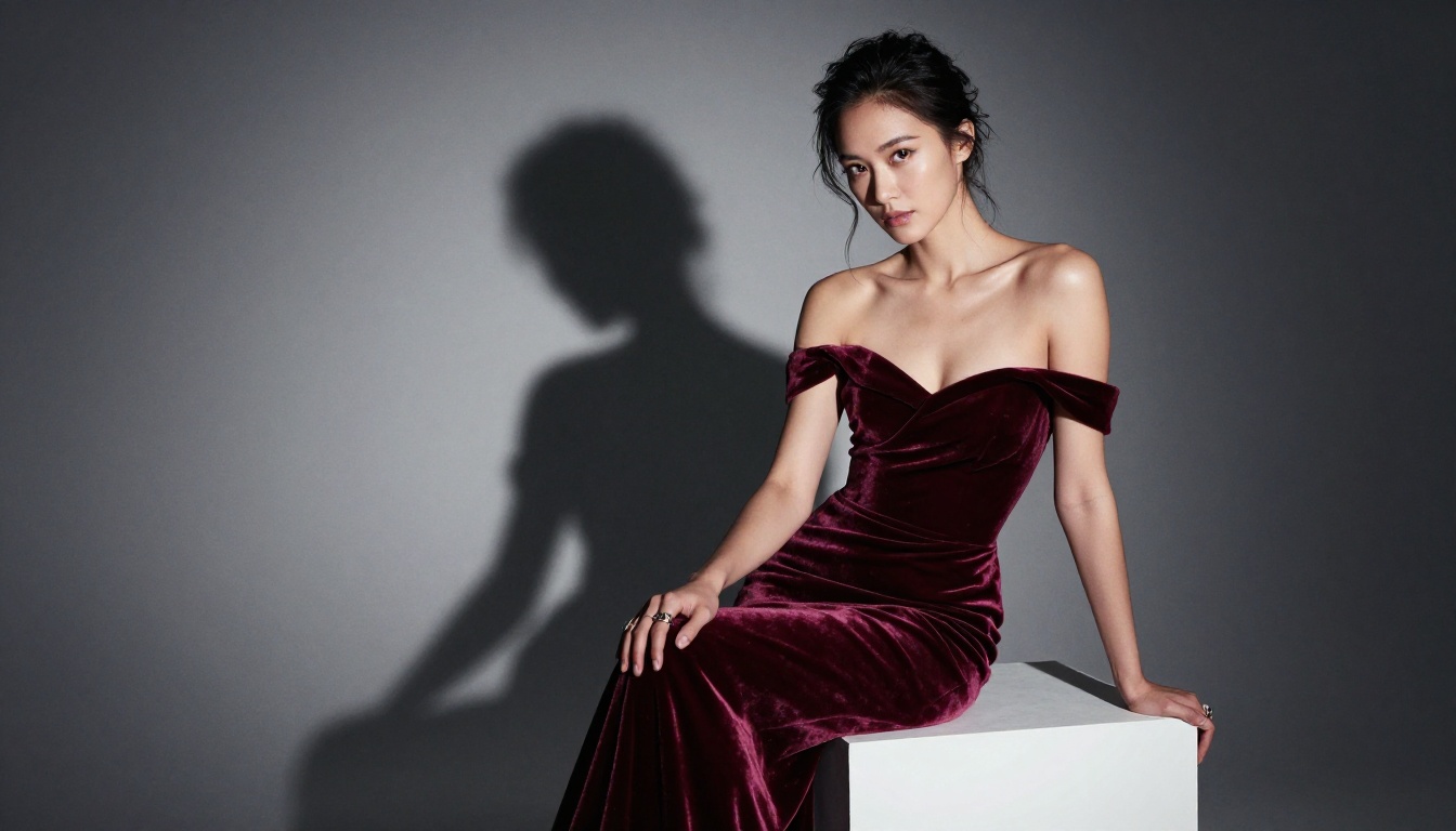 Woman in off-shoulder burgundy velvet evening gown photographed in dramatic low-key studio with single directional key light creating deep sculptural shadows Woman in off-shoulder burgundy velvet evening gown photographed in dramatic low-key studio with single directional key light creating deep sculptural shadows