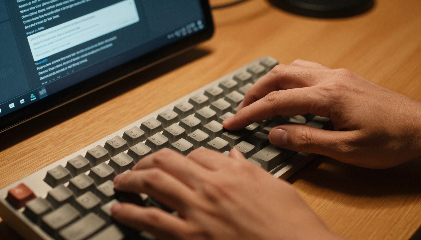 Close-up of hands typing AI video prompts on mechanical keyboard