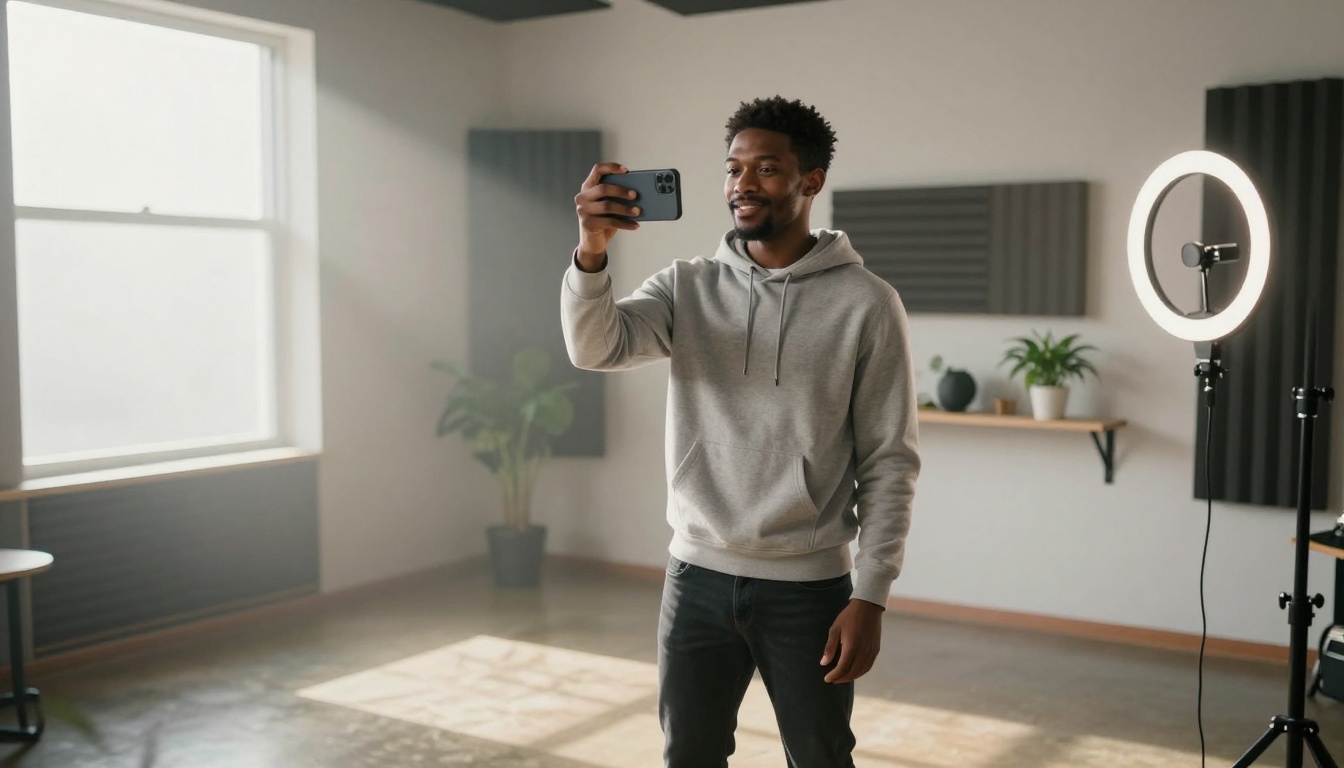 Male content creator recording TikTok video with smartphone in modern studio space
