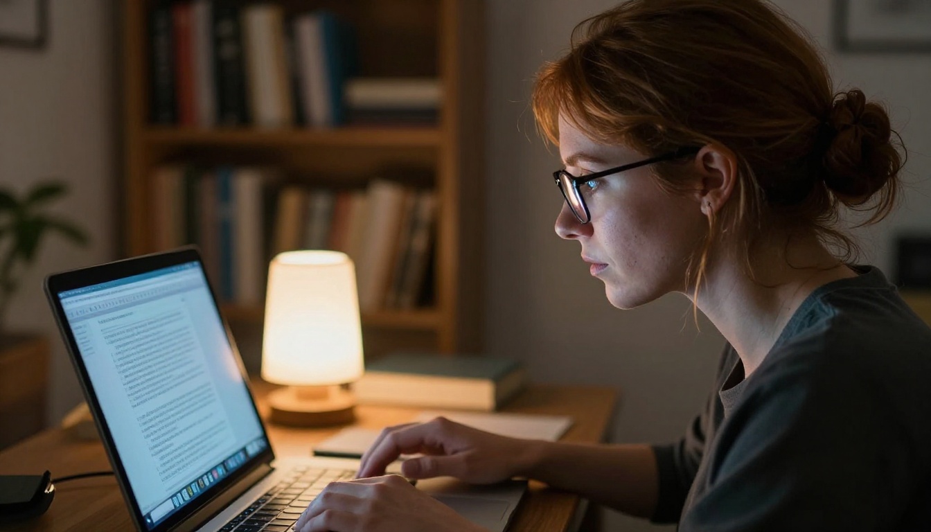 Woman with auburn hair reviewing AI video generation interface on laptop at dusk