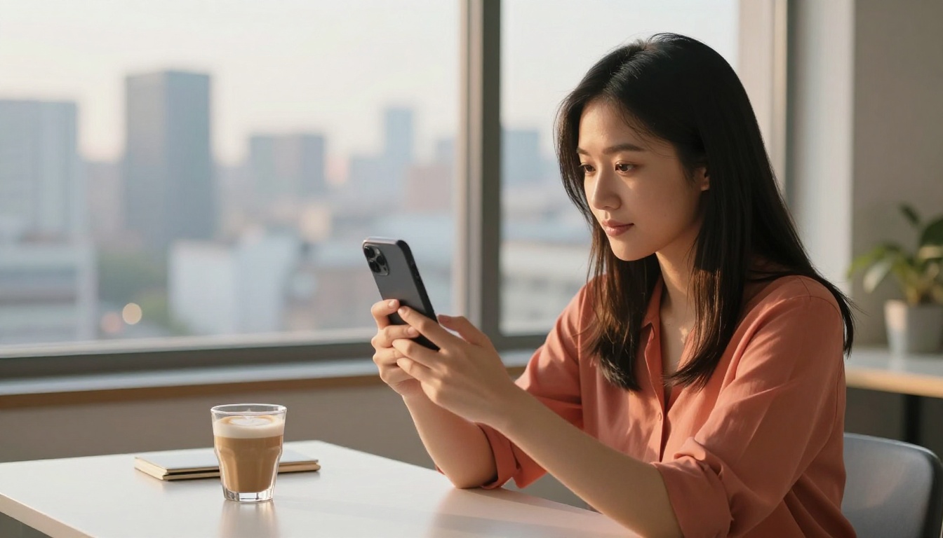 Young woman reviewing freshly created TikTok video on smartphone at desk with city view