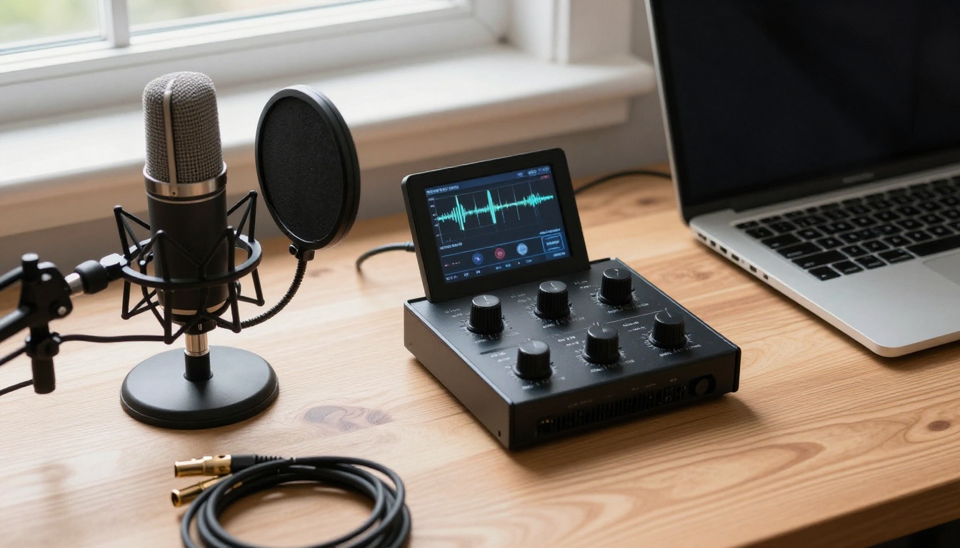 Professional audio production desk with microphone and waveform display