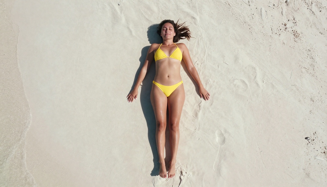 Aerial top-down view of woman in yellow bikini on white sand beach, sharp midday shadow, individual sand grains visible Aerial top-down view of woman in yellow bikini on white sand beach, sharp midday shadow, individual sand grains visible