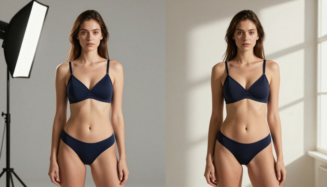 Studio lighting comparison, same pose under strobe vs. natural window light, skin texture variation visible Studio lighting comparison, same pose under strobe vs. natural window light, skin texture variation visible