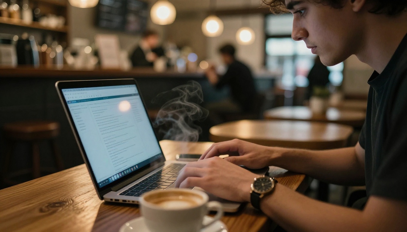 Man working on a laptop in an urban coffee shop