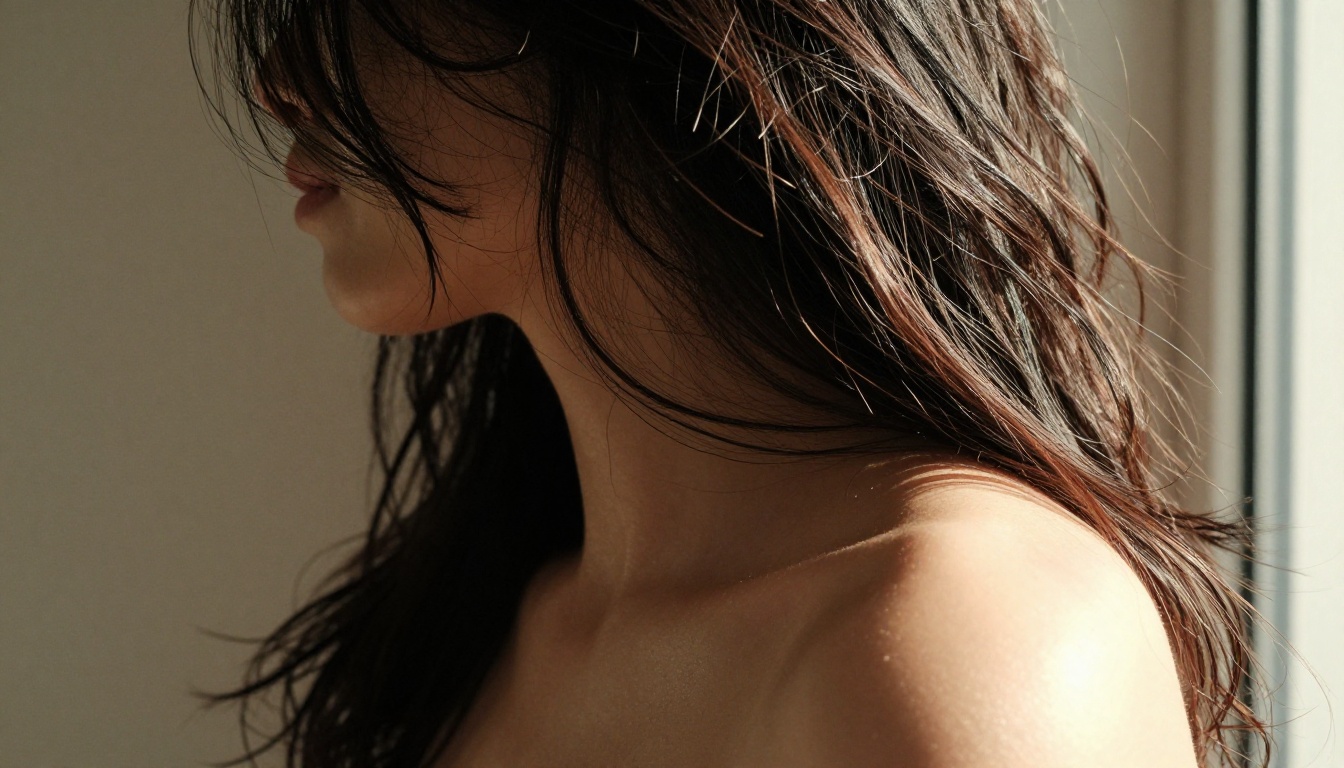 Intimate close-up of woman's shoulder and hair, dark curls with rim backlighting, skin subsurface scattering warmth Intimate close-up of woman's shoulder and hair, dark curls with rim backlighting, skin subsurface scattering warmth