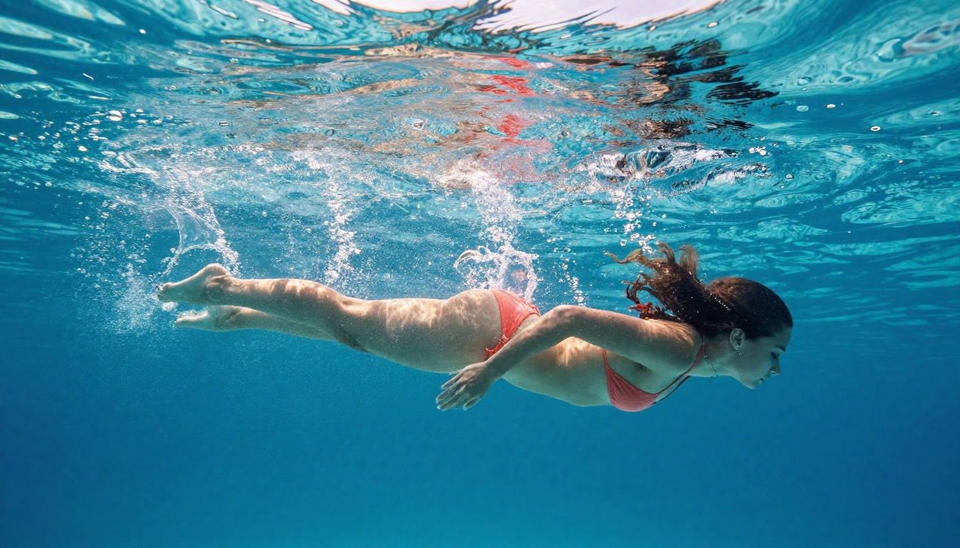 Water splash dive, woman in coral bikini, crystalline droplets frozen mid-air with perfect light refraction Water splash dive, woman in coral bikini, crystalline droplets frozen mid-air with perfect light refraction