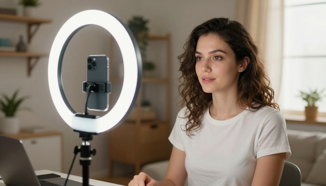 Social media creator filming herself with ring light in home studio