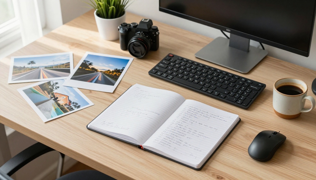 Creative workspace with printed photographs, camera gear, and a coffee cup spread across a wood desk Creative workspace with printed photographs, camera gear, and a coffee cup spread across a wood desk