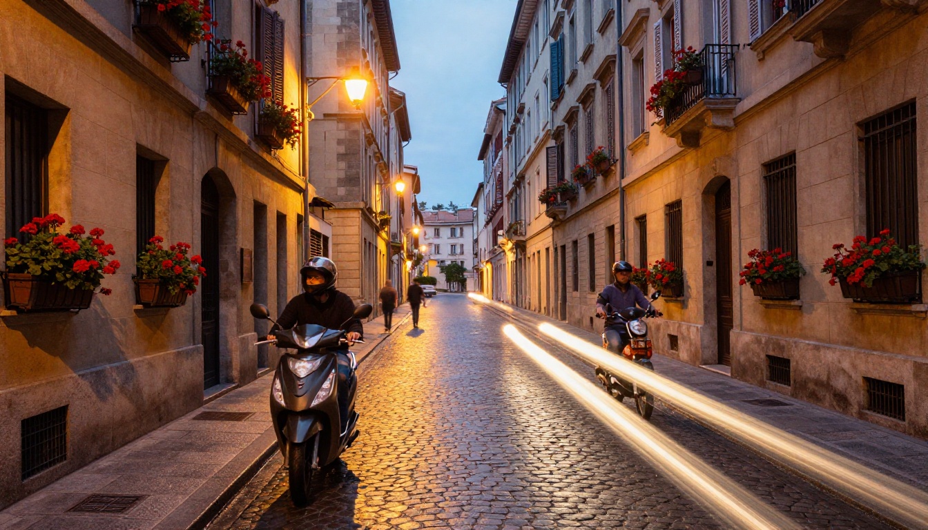 A European city alley at dusk with long exposure amber and white light trails from passing vehicles A European city alley at dusk with long exposure amber and white light trails from passing vehicles