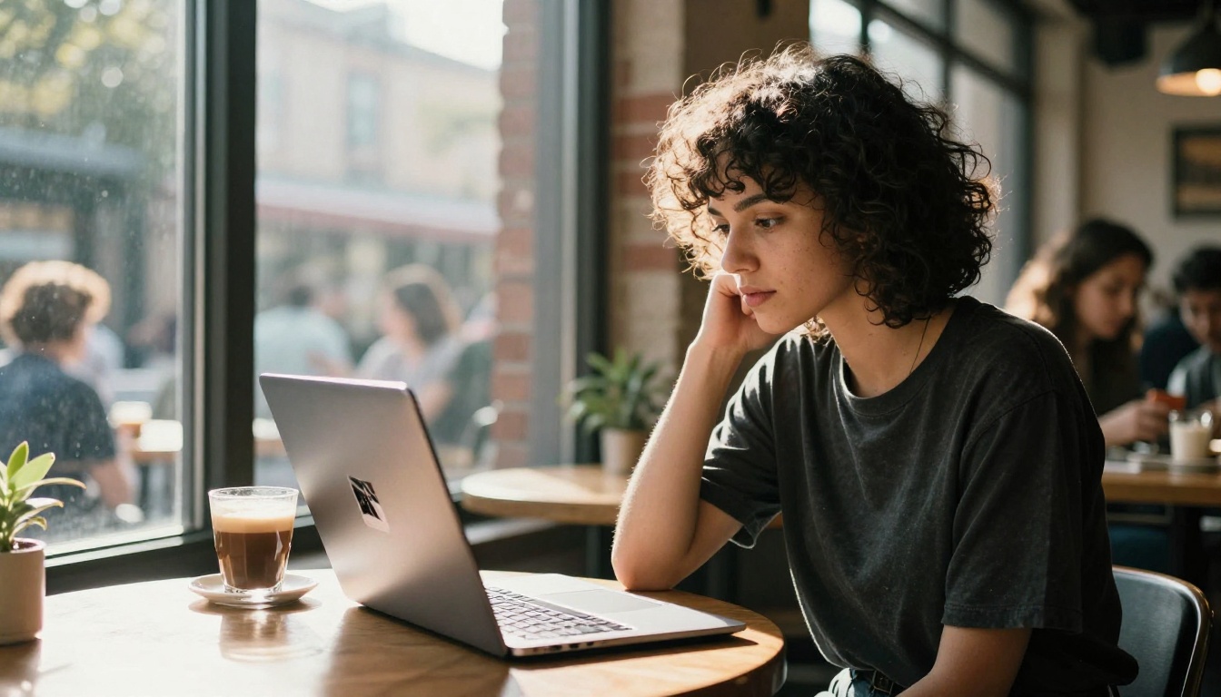 A filmmaker reviewing still photographs on a laptop in a sunlit coffee shop, afternoon light streaming through windows A filmmaker reviewing still photographs on a laptop in a sunlit coffee shop, afternoon light streaming through windows