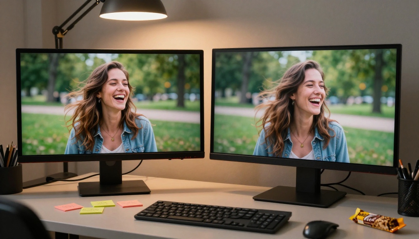 Two monitors showing a before and after comparison of a still portrait photo and its AI-animated video frame Two monitors showing a before and after comparison of a still portrait photo and its AI-animated video frame