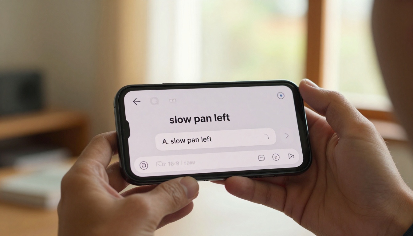 Hand holding smartphone showing AI video interface with camera movement text prompt Hand holding smartphone showing AI video interface with camera movement text prompt