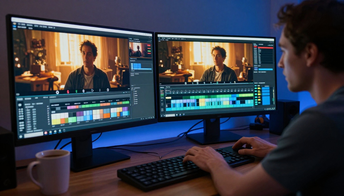 Video editor reviewing cinematic footage on professional color grading monitors Video editor reviewing cinematic footage on professional color grading monitors