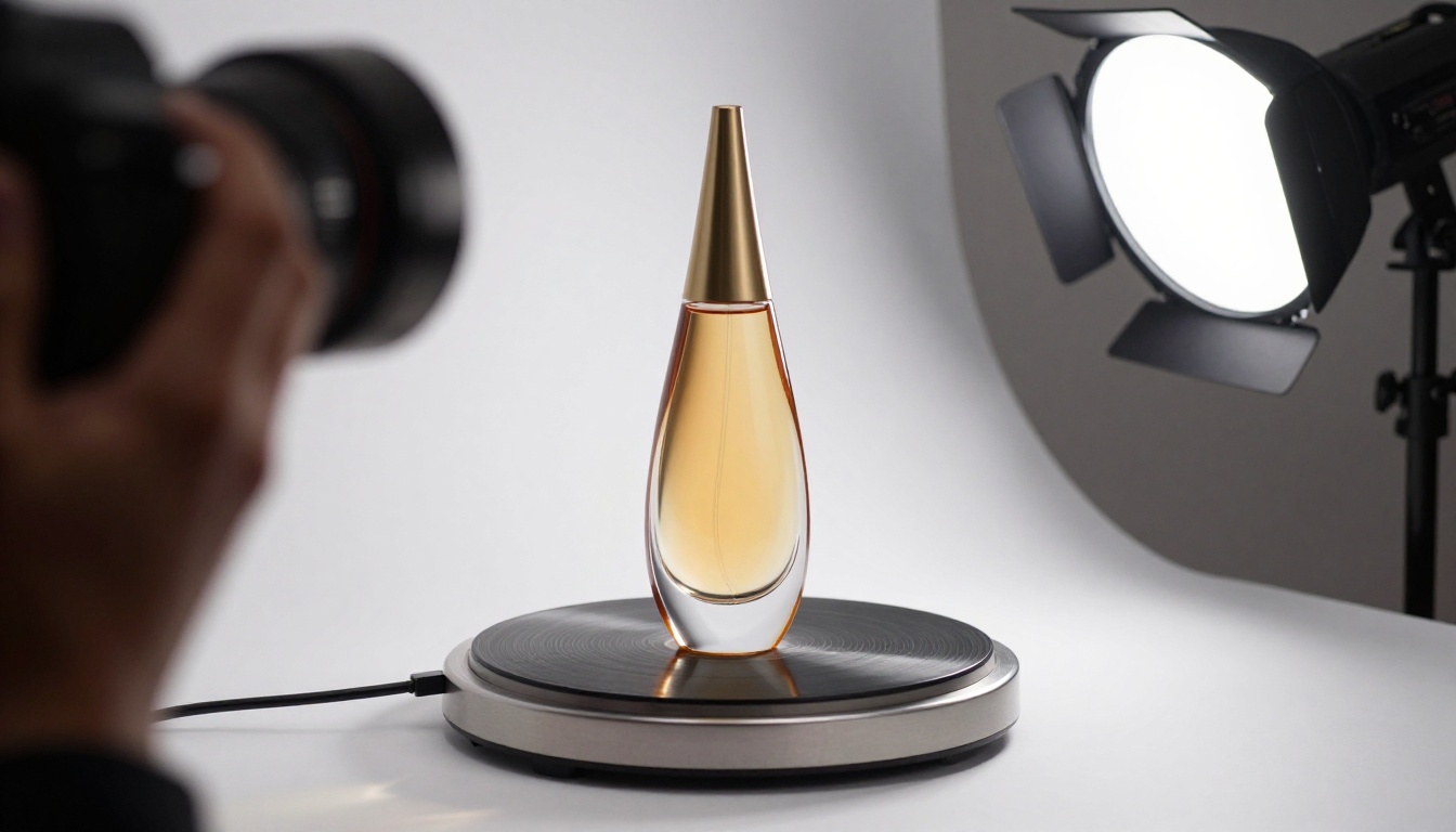 Product photographer with perfume bottle on turntable and camera on sliding track rail Product photographer with perfume bottle on turntable and camera on sliding track rail