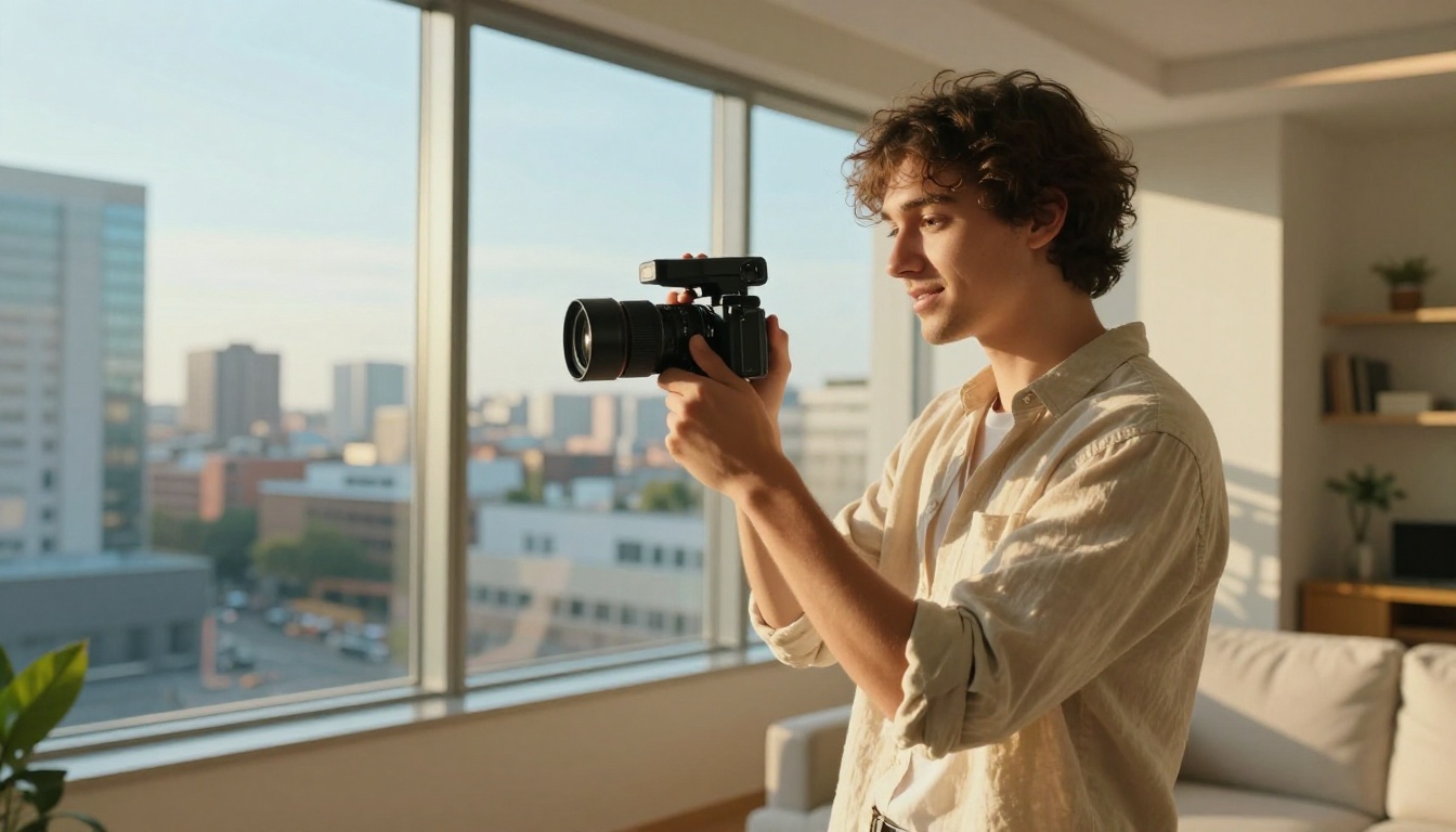 Young content creator panning a compact camera across a sunlit cityscape from apartment window Young content creator panning a compact camera across a sunlit cityscape from apartment window