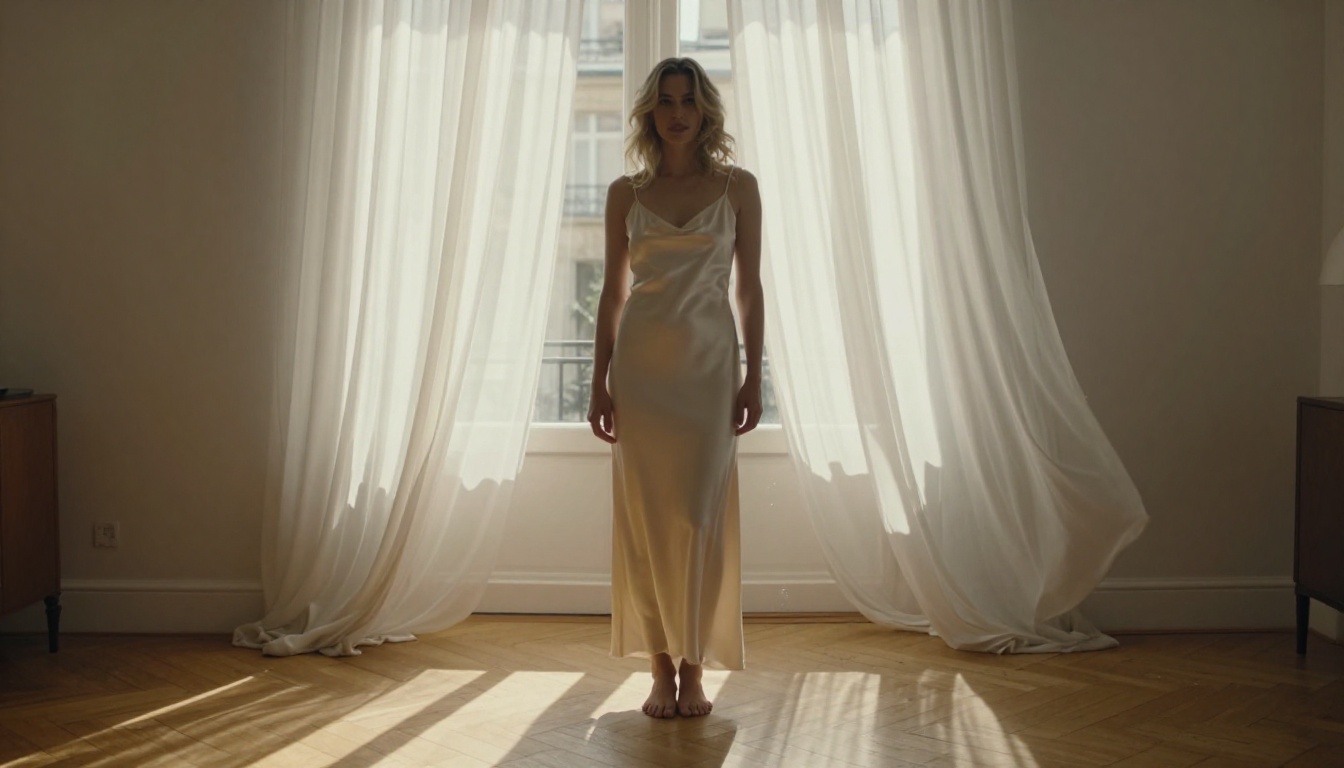 Woman in cream silk slip dress in sunlit Parisian apartment billowing curtains