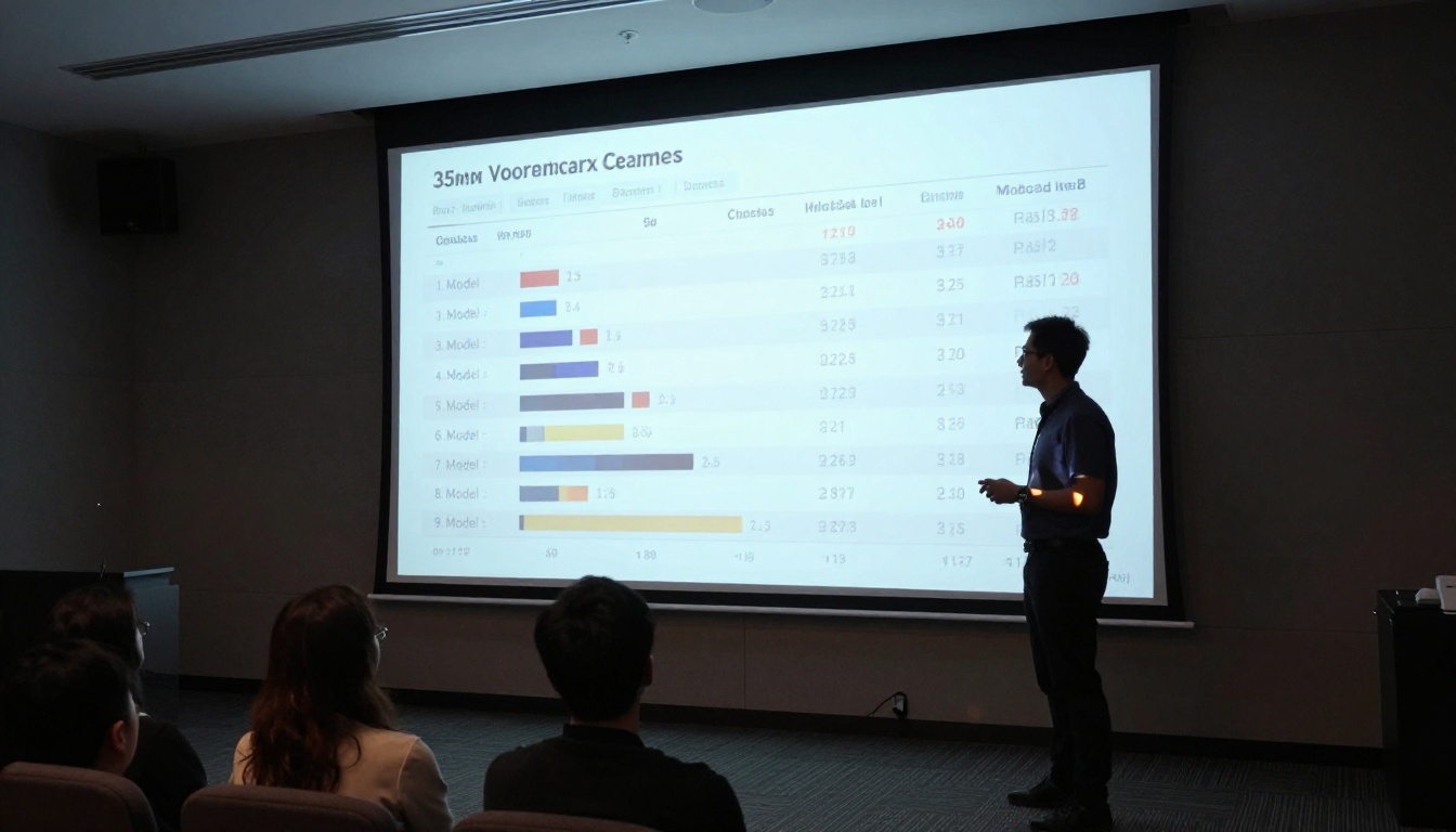 A tech presentation in a modern conference room with a large projection screen displaying a video benchmark comparison table, a presenter silhouetted against the bright screen, audience seats softly blurred in the foreground A tech presentation in a modern conference room with a large projection screen displaying a video benchmark comparison table, a presenter silhouetted against the bright screen, audience seats softly blurred in the foreground