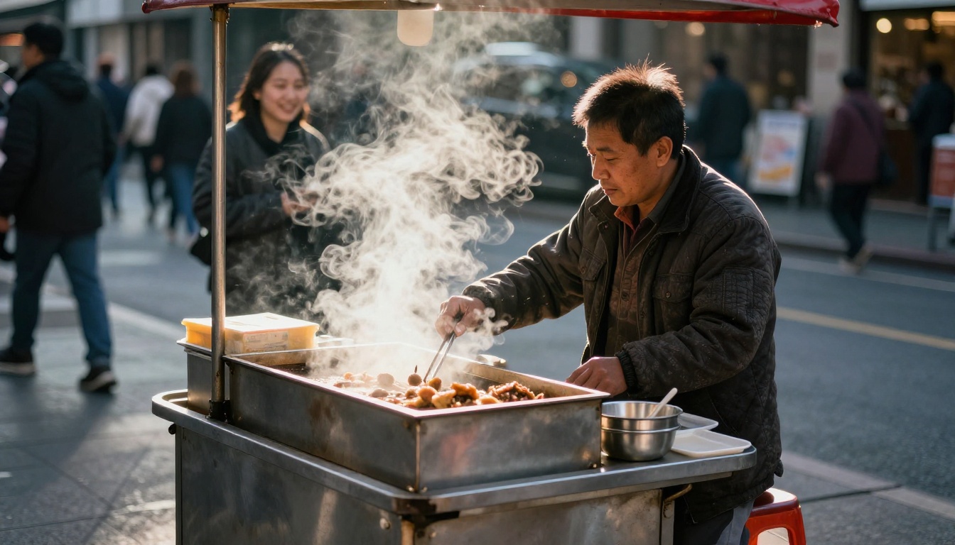 A street food vendor scene from slightly elevated angle, a vendor serving a smiling customer, steam rising from the cart, warm midday sun backlighting the scene creating rim light on the vendor's shoulders A street food vendor scene from slightly elevated angle, a vendor serving a smiling customer, steam rising from the cart, warm midday sun backlighting the scene creating rim light on the vendor's shoulders