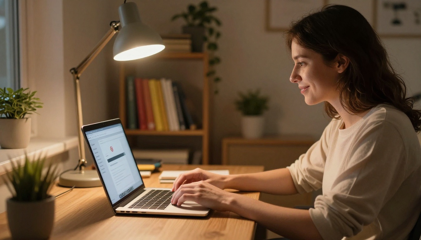 A content creator in profile view at a home office desk in the evening, uploading a video to YouTube on a laptop, warm amber desk lamp casting soft directional light across their face, bookshelves and a trailing plant softly blurred in the background A content creator in profile view at a home office desk in the evening, uploading a video to YouTube on a laptop, warm amber desk lamp casting soft directional light across their face, bookshelves and a trailing plant softly blurred in the background