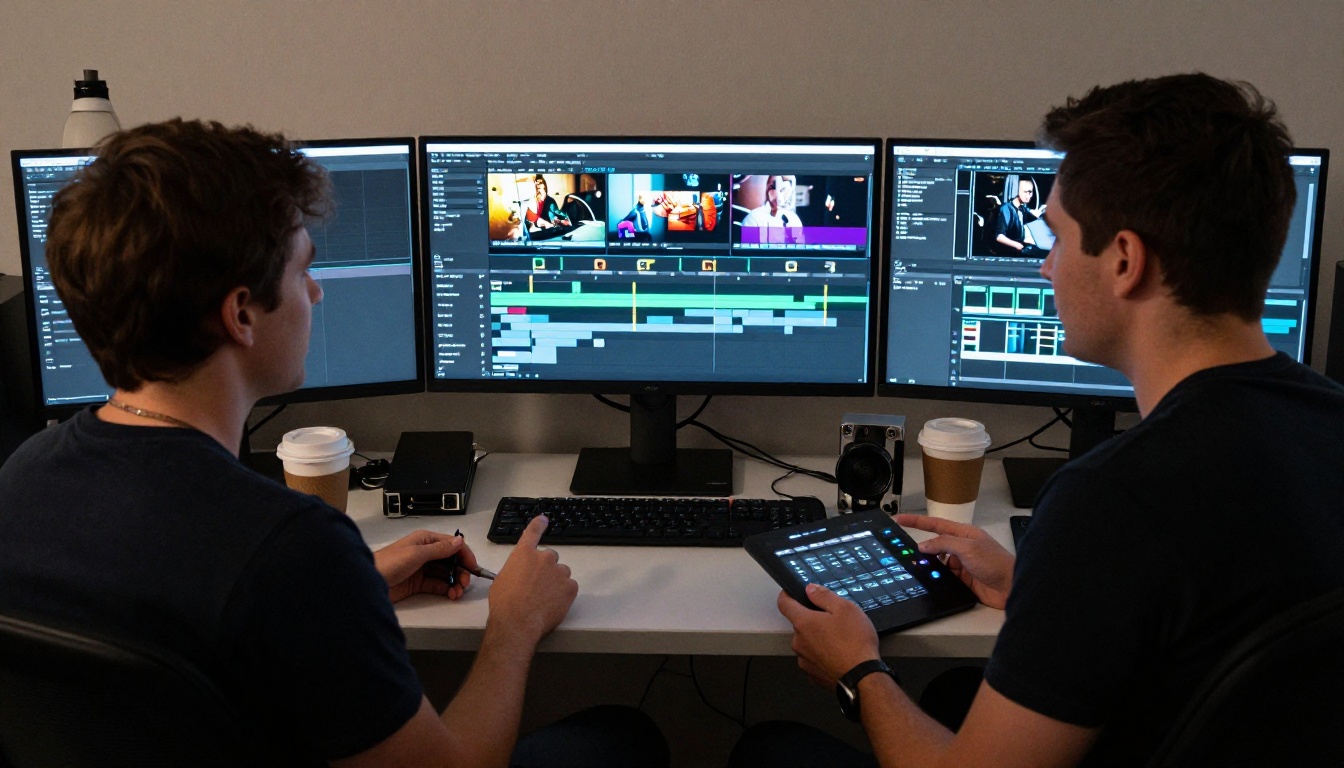 Two film editors collaborating at a professional editing suite Two film editors collaborating at a professional editing suite