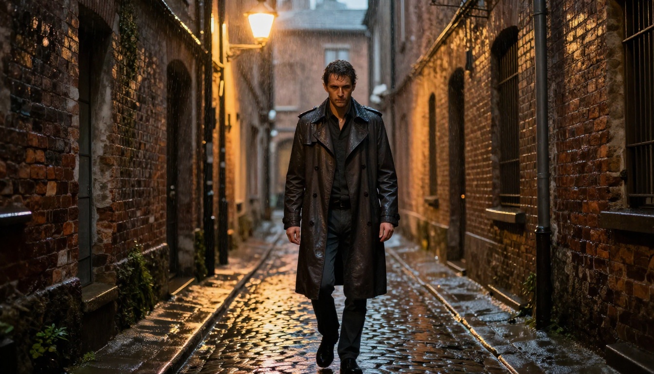 An actor in a rain-soaked cobblestone alleyway at night under amber streetlight An actor in a rain-soaked cobblestone alleyway at night under amber streetlight