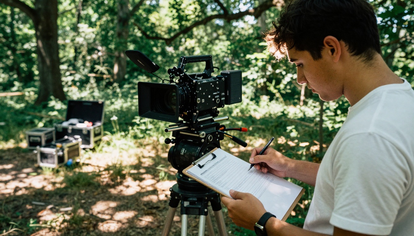 Production assistant reviewing shot notes in a forest clearing with camera equipment Production assistant reviewing shot notes in a forest clearing with camera equipment