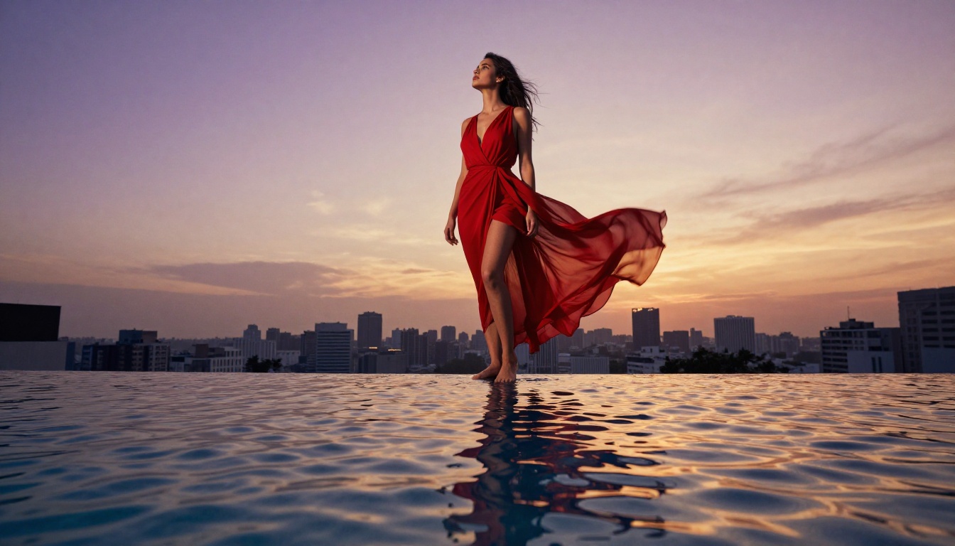 Woman in flowing red dress at rooftop infinity pool at magic hour Woman in flowing red dress at rooftop infinity pool at magic hour