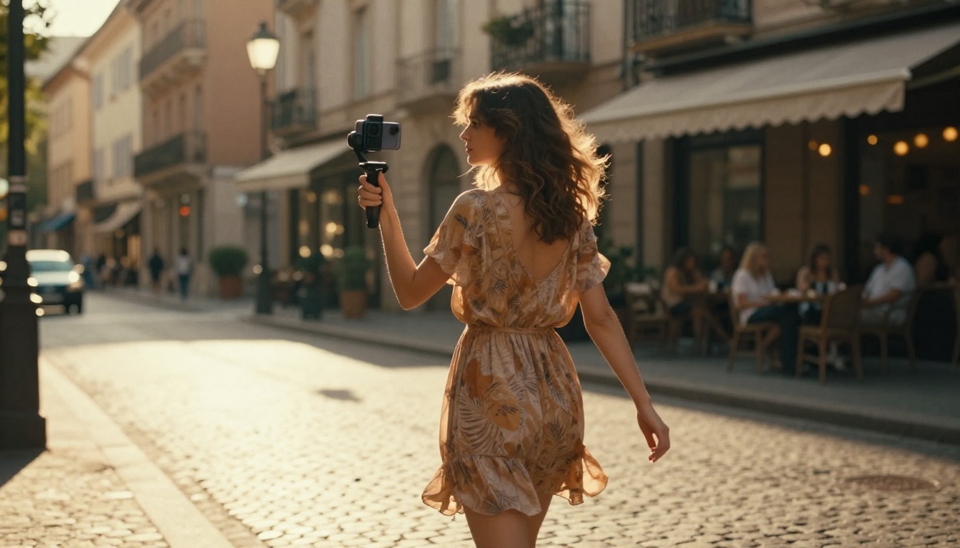 Lifestyle influencer walking through a European city street with a gimbal Lifestyle influencer walking through a European city street with a gimbal