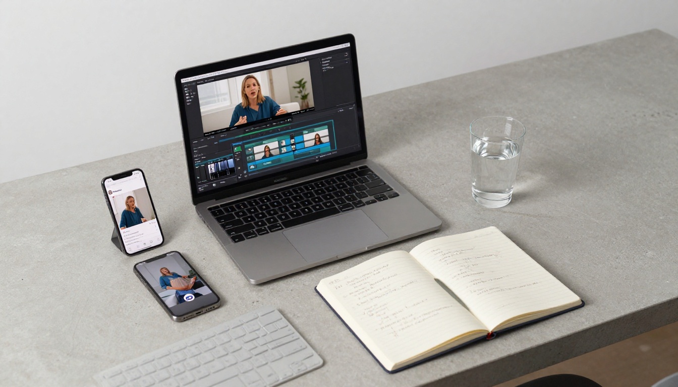 Aerial view of a creative workspace with laptop and smartphone Aerial view of a creative workspace with laptop and smartphone