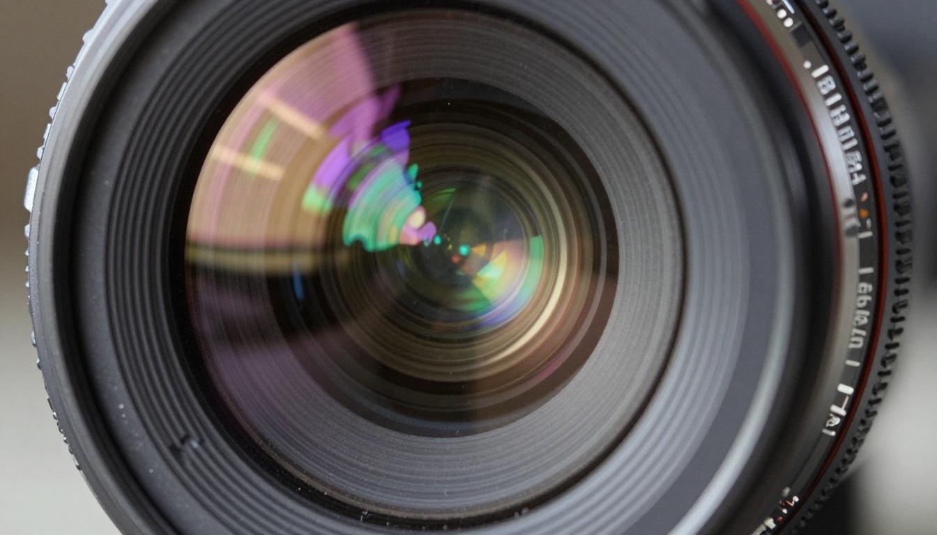 Extreme close-up of cinema camera lens with iridescent optical coatings