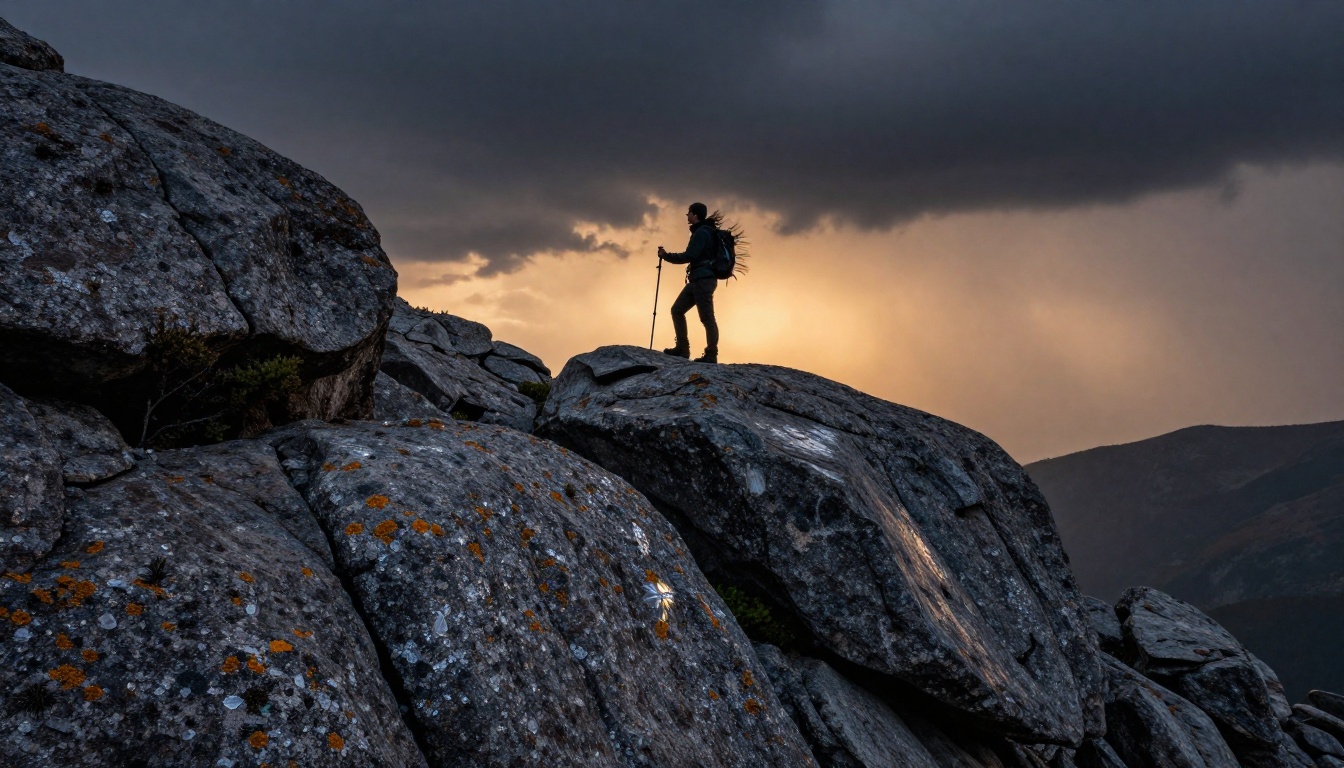 Mountain hiker silhouetted against dramatic storm sky at dusk