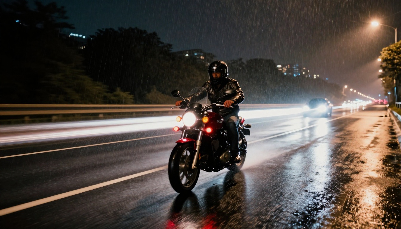 Motorcyclist speeding through wet night highway with long-exposure light trails