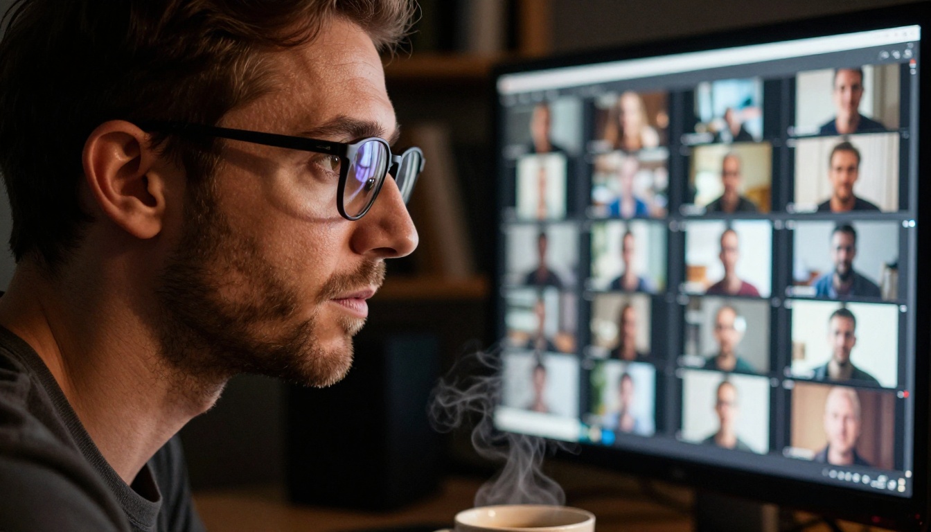Creative director reviewing AI video frames on monitor in dimly lit studio