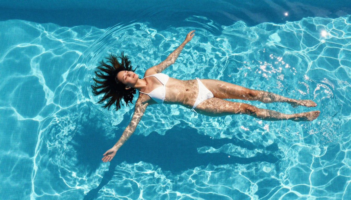 Woman in white bikini floating gracefully in crystal blue swimming pool, aerial overhead view with caustic light patterns through water