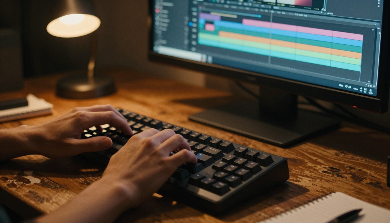 Hands typing on keyboard with glowing video editing timeline on monitor screen Hands typing on keyboard with glowing video editing timeline on monitor screen
