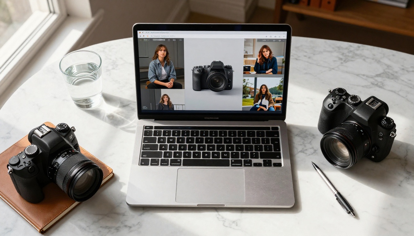 Premium laptop on Carrara marble desk showing AI model comparison interface, DSLR camera and leather notebook alongside
