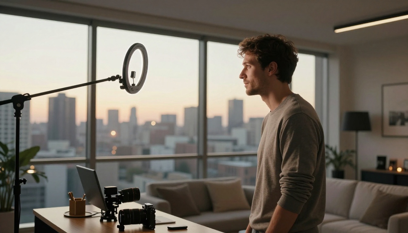 Content creator in modern home studio with ring light and city skyline backdrop Content creator in modern home studio with ring light and city skyline backdrop