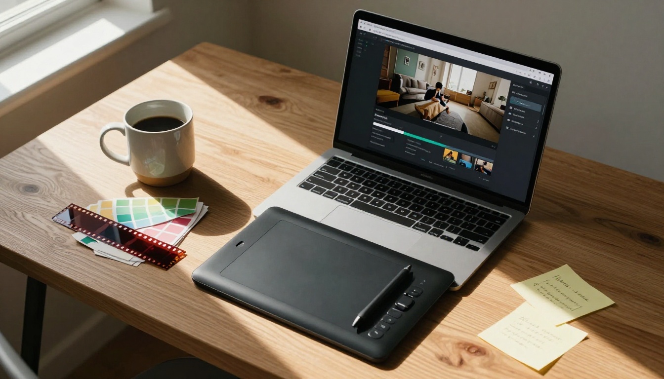 Overhead flat-lay of creative workspace with laptop showing AI generation progress Overhead flat-lay of creative workspace with laptop showing AI generation progress