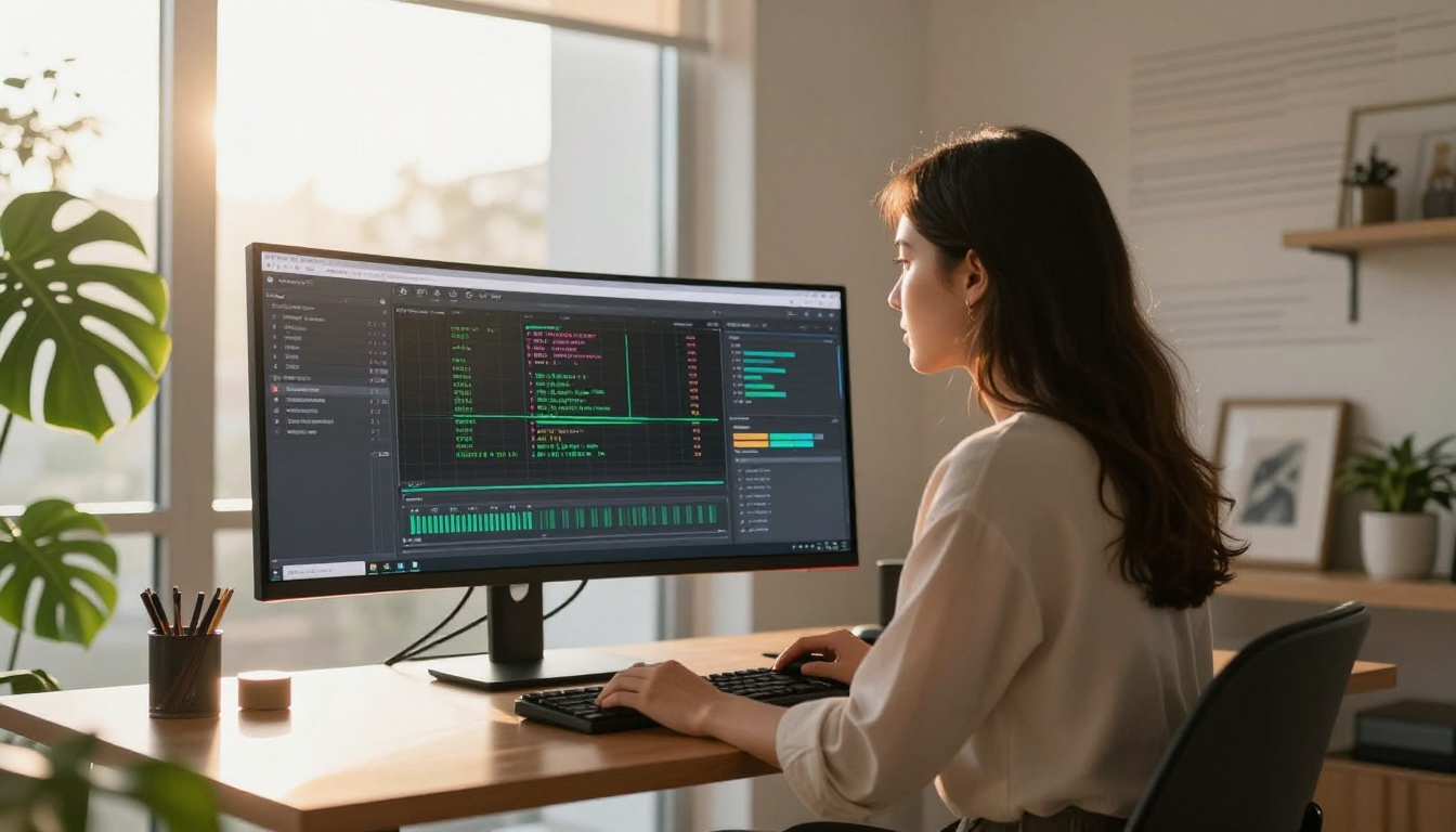 Woman at standing desk watching AI video generation progress on large curved monitor Woman at standing desk watching AI video generation progress on large curved monitor