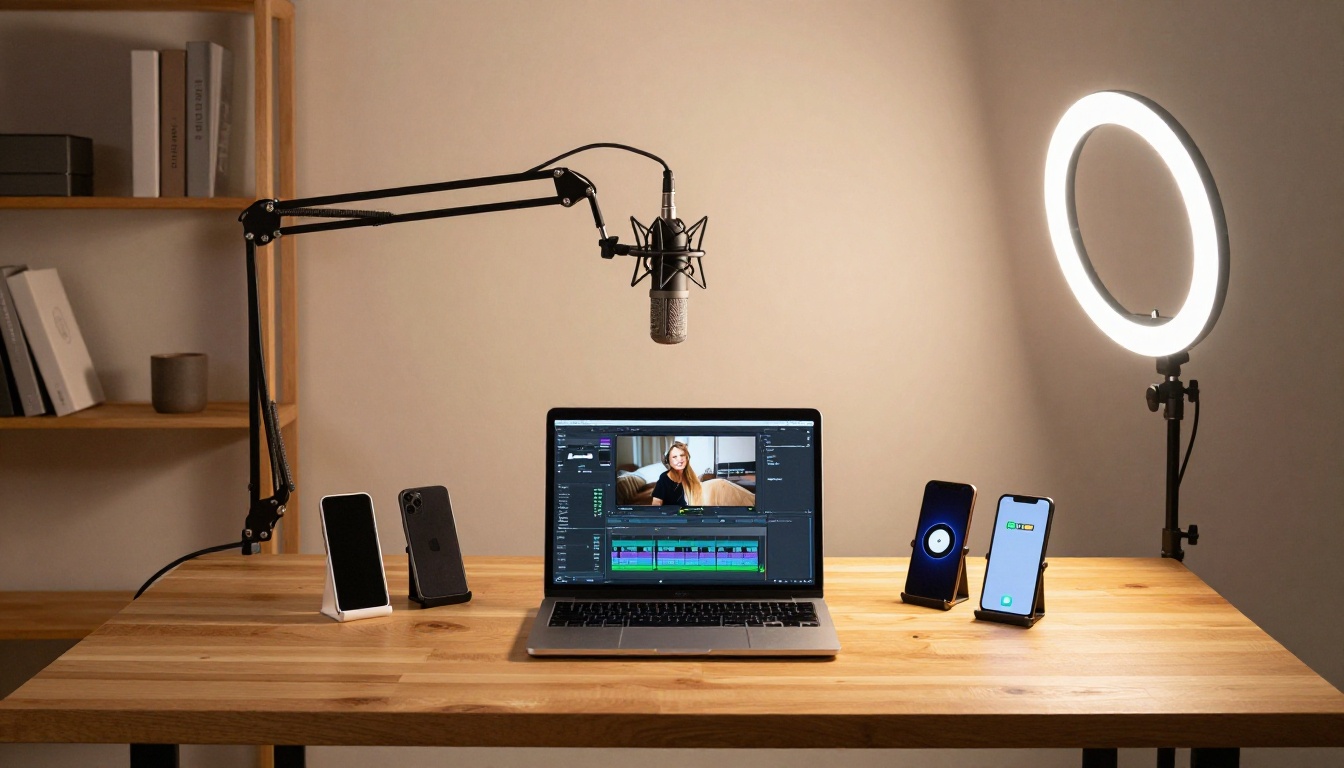 Home content creator studio with ring light and multiple phone stands Home content creator studio with ring light and multiple phone stands