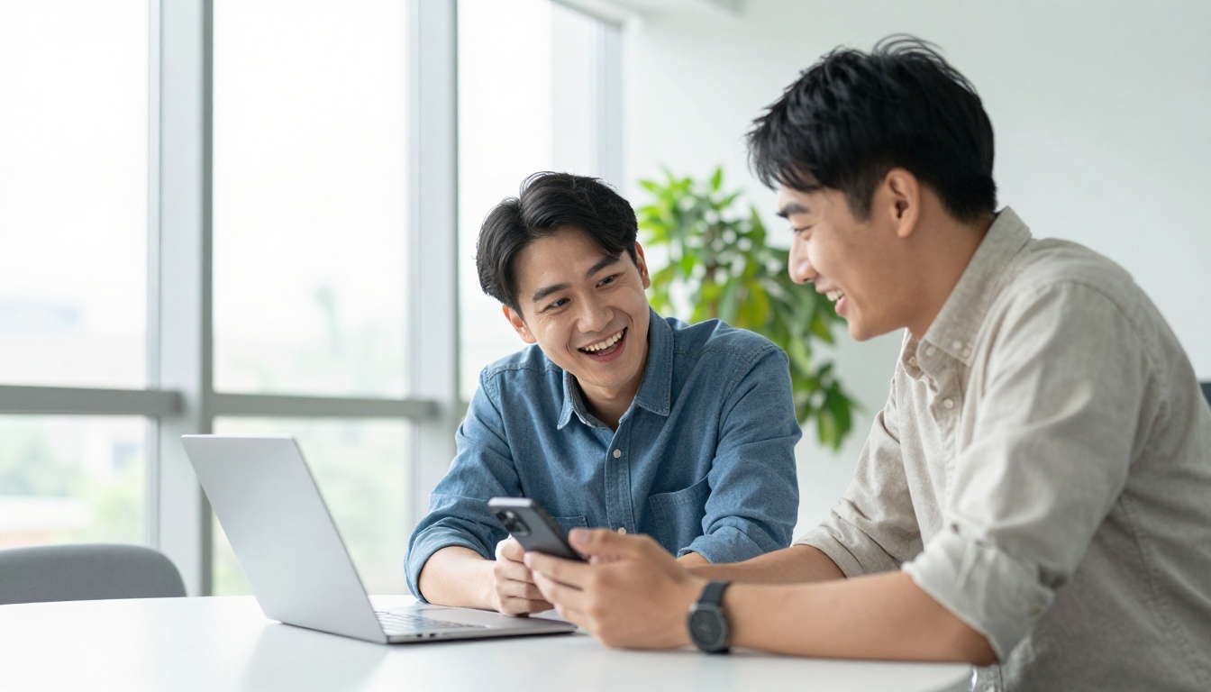 Two creators reviewing content on a phone in a bright modern office Two creators reviewing content on a phone in a bright modern office
