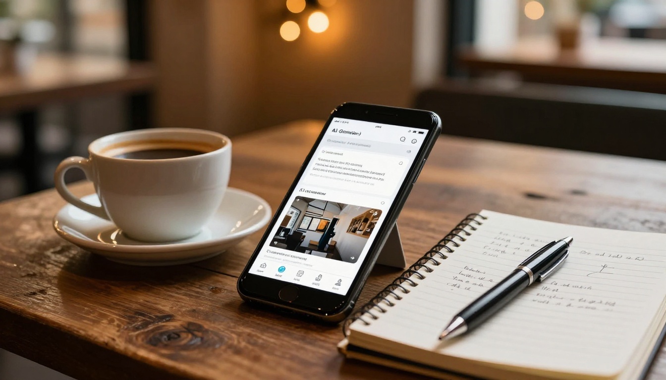 Smartphone propped on a cafe table beside a notebook with handwritten prompt ideas Smartphone propped on a cafe table beside a notebook with handwritten prompt ideas