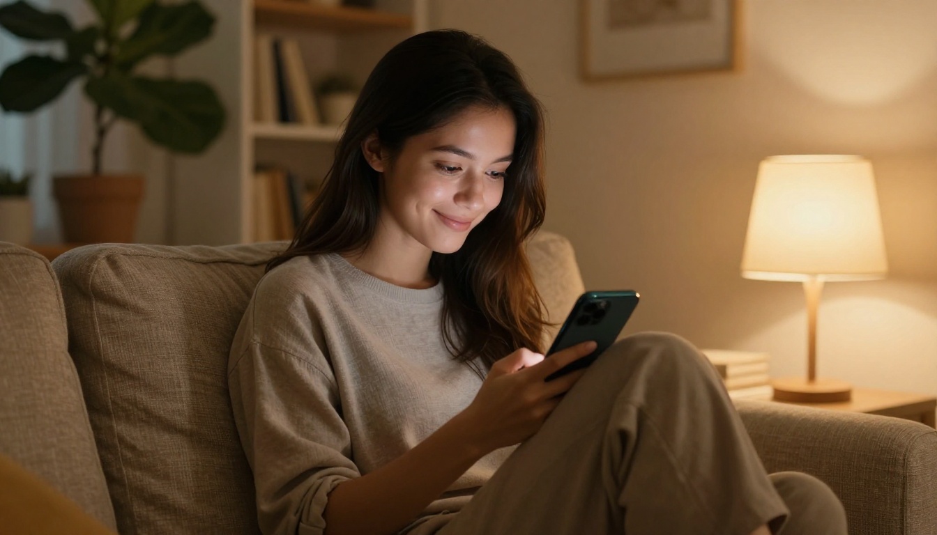 Woman relaxing on a couch scrolling through TikTok in warm evening light Woman relaxing on a couch scrolling through TikTok in warm evening light