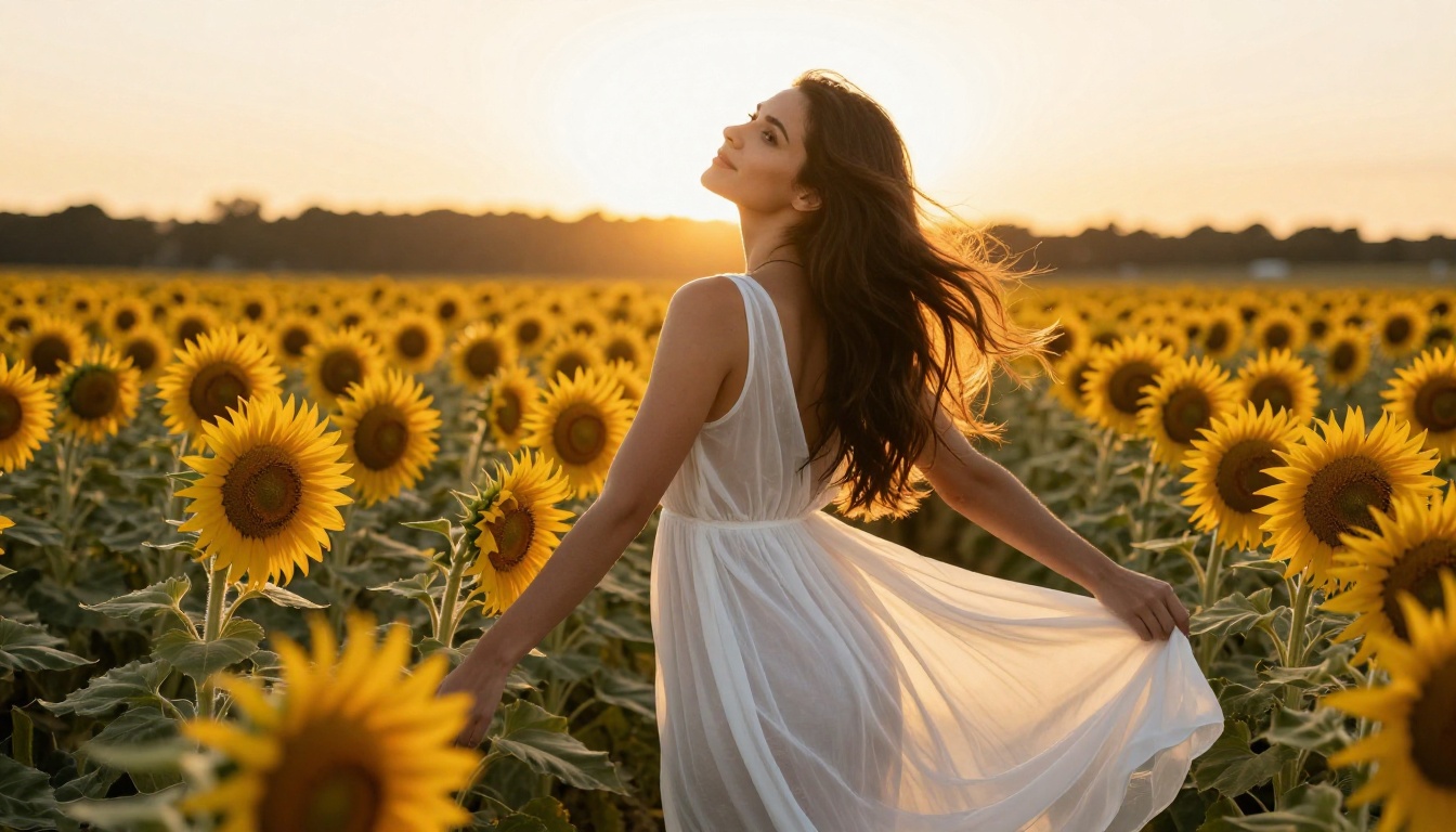 Stunning brunette in a sheer white summer dress, backlit by golden sun in a sunflower field, warm volumetric rays through thin fabric