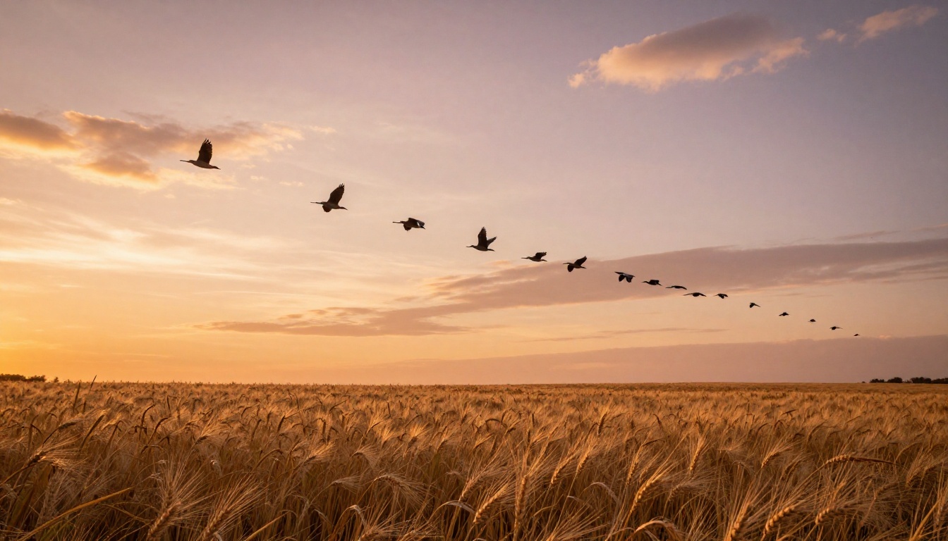 Birds in formation soaring over golden wheat fields at dusk with cinematic lighting Birds in formation soaring over golden wheat fields at dusk with cinematic lighting